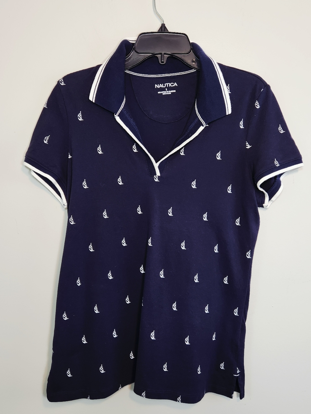 NEW Nautica Sustainably Crafted  Polo Sz L Cotton-knit Golf Navy Sailboat NWOT - Picture 2 of 8